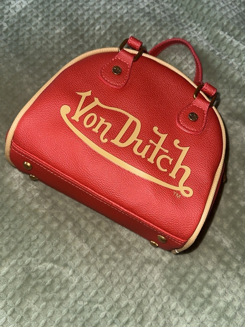 Von Dutch Red Dome Satchel with Cream Trim and Gold Logo